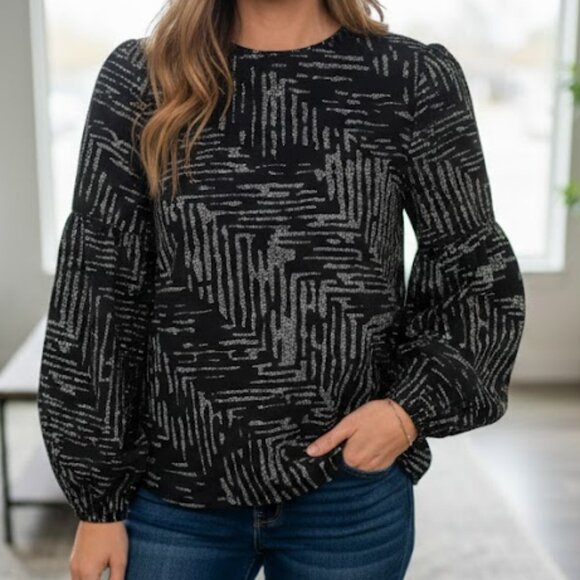 Mossimo Black & Silver Abstract Geometric Balloon Sleeve Blouse Top Size S - Picture 1 of 8